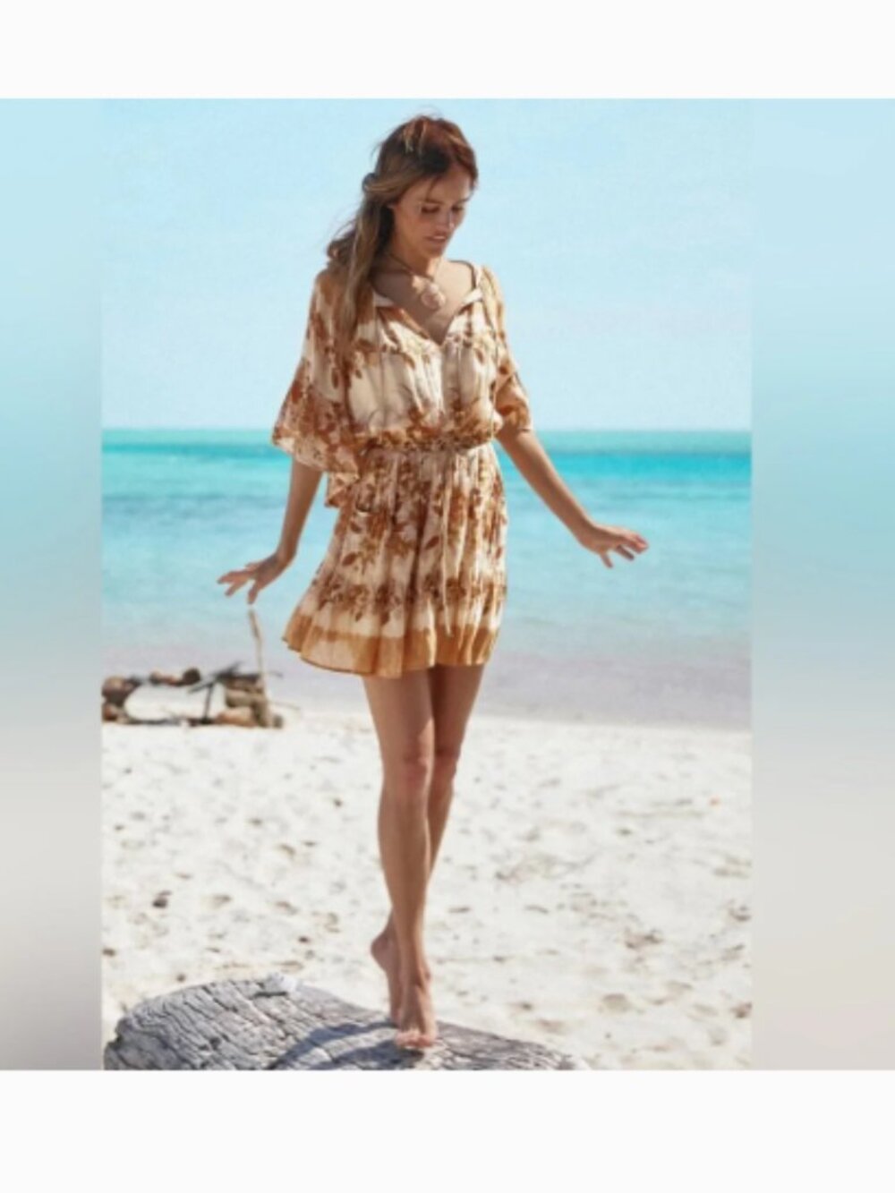 Spell Cream and Brown Floral Beach Mini Dress